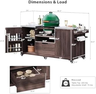 Outdoor Kitchen Island for Big Green Egg Grills, Wood Outdoor Grill Cart Compatible with Large Big Green Eggfor Tabletop Grill with Stainless Steel Top and Drawer (Dark Brown)
