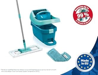 Leifheit Profi XL Mop and Bucket Set, Static Plus Wiper Cover, Deluxe 42cm Microfibre Mop Head and Dusting Head, Profi Wringer Bucket with Rollers, Turquoise