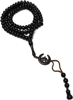 Islam Prayer Tasbih 99 Beads AMN-303 Muslim 8 mm. Rosary Bead Moon Star Decorated Tassels Haj Eid Ramadan Gift (Dark Brown)