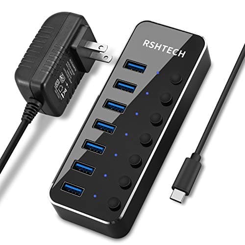 Powered USB HUB RSHTECH Type C to 7 Port USB 3.0 Hub Aluminum Portable Splitter with Individual On/Off Switches (7-Ports)