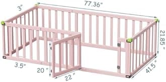 ROOMTEC Twin Size Montessori Floor Bed for Kids, Solid Wood Toddler Bed Frame w/Convertible Door and Safety Fence, Floor-Bed-Frame for Children Bedroom, Toddlers, Boys Girls, Kids Playroom, Pink
