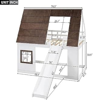 SOFTSEA House Bunk Bed with Slide, Twin Over Twin House Bunk Beds Frame Floor Design, Solid Wood Floor Bunk Bed for Kids, Playhouse Design, White+Brown