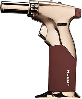 JOBON Torch Lighter, Double Flames Refillable Culinary Lighter with Continuous Flame Lock and Adjustable Flame (Butane Gas Not Included) (Gold Metal - Brown)