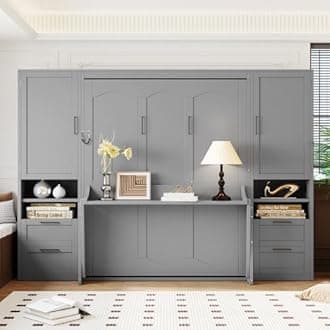 Bellemave Queen Size Murphy Bed with Closet, Wall Bed with Drawers and Shelves, Folding Cabinet Bed with Desk for Home Office, Studio, Gray