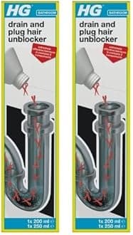 HG Drain and Plug Hair Unblocker, Removes Hair from Showers, Baths, Sinks & Plug Holes, Unblocks Blocked Bathroom Pipes & Drains Quickly & Easily (200 ml + 250 ml) - 667045106 (Pack of 2)