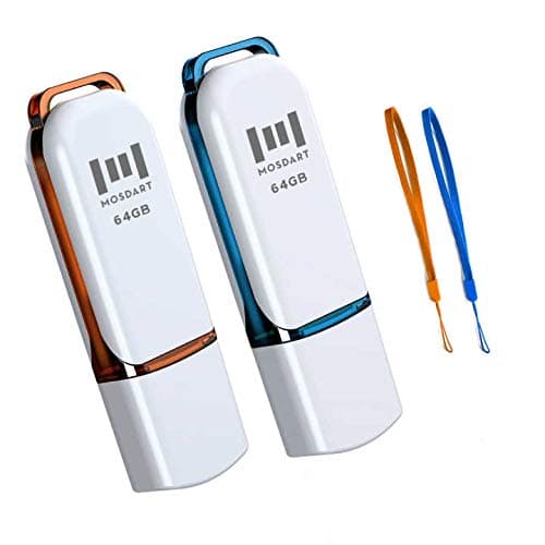 64GB USB 2.0 Flash Drive, with LED Light and Lanyards, exFAT Memory Stick for Computers, System Backup, Data Storage, Orange and Blue(Pack of 2)