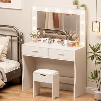 YESHOMY Vanity Desk with Mirror, Makeup Table with 11 Adjustable Lights and 2 Spacious Drawers, Soft-Padded Storage Stool, 3 Lighting Modes with Control, for Bedroom, White
