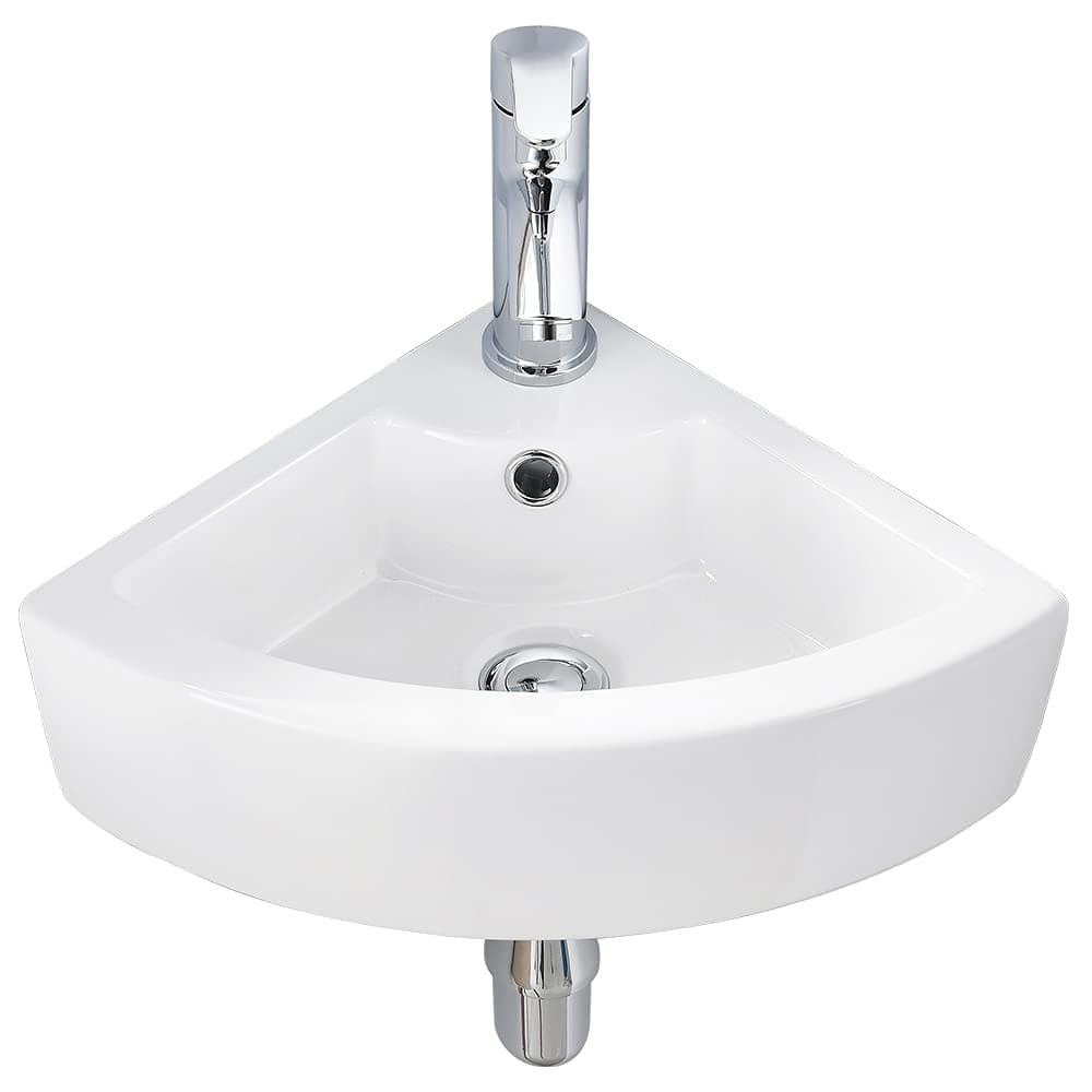 Small Corner Bathroom Sink Wall Mount White Triangle Porcelain Ceramic Above Counter Mini Wall Vanity Vessel Sinks with Single Faucet Hole and Overflow