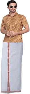 Gowri Tex Men's 100% Pure Cotton White With Gold Jari Lungi in Size 2 Mtrs Single Lungi- Pack Of 1