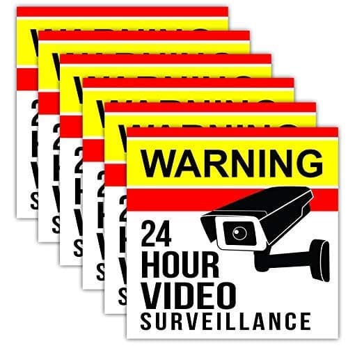 6 Pack Video Camera Security Stickers. Large 5 inches. Adhesive on the Front and Back for Windows, Walls, Doors. Give warning that your home or retail businesses is under 24hr surveillance recording.
