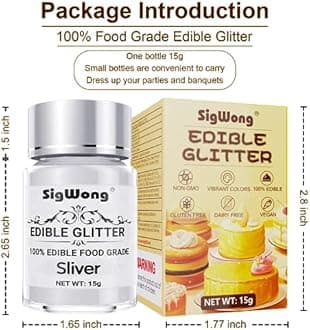 Silver Edible Glitter - 15g Food Grade Luster Dust Powder, Cake Decorating Sprinkle Glimmery Dust for Drinks, Wine, Fondant, Chocolate, Candy, Cookie, Vegan