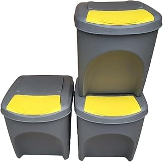 Large Stackable Recycling Bins Set of 3x25L (Brand KrysGo) - Customizable Lids with Recycling Stickers - Waste Sorting for Home, Kitchen, Office (Grey + Yellow)