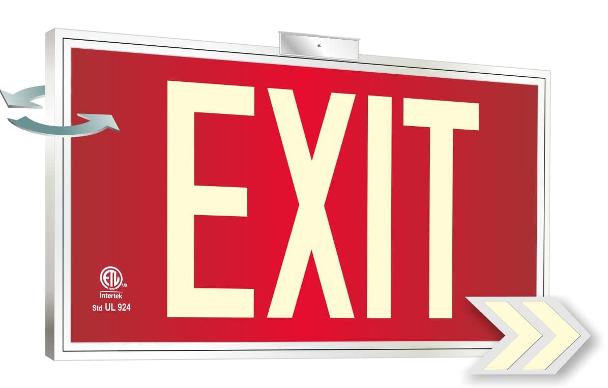 Photoluminescent Exit Sign Red Framed Flag/Ceiling Mount Double Sided. UL 924 Code Approved