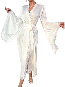 Satin Lace Robe for Women Long Kimono Bathrobe Lightweight Silky Bridal Loungewear Sleepwear