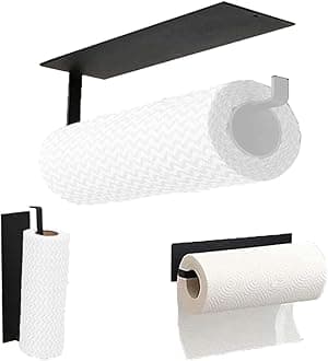 Longer Version Paper Towel Holder Wall Mounted - Paper Towel Holder Under Cabinet, Toilet Roll Holder Self Adhesive, Towel Tissue Paper Hanger For Bathroom, Kitchen (No Drilling, Black)