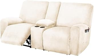 ULTICOR Reclining Love Seat with Middle Console Slipcover, 8-Piece Velvet Stretch Loveseat Reclining Sofa Covers, 2 seat Love seat Recliner Cover, Thick, Soft, Washable, Love seat Slipcovers (Ivory)