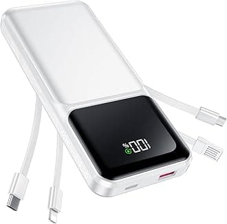 RONEGN Portable Charger with Built in Cable - Power Bank Fast Charging USB C LED Display 10000mah Battery Pack 5 Outputs & 3 Inputs for Travel Essentials iPhone Samsung Android Phones Tablets White