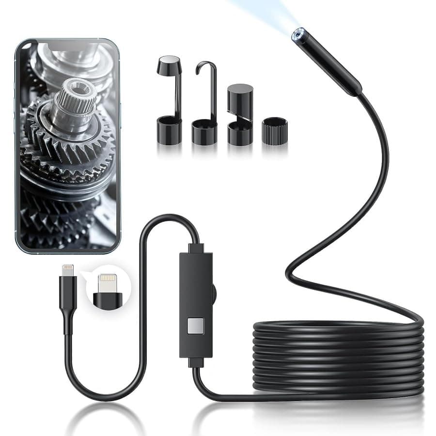 Endoscope Camera with Light, 1920P HD Borescope with 8 Adjustable LED Lights, 10ft Semi-Rigid Snake Cable, 7.9mm IP68 Waterproof Industrial Inspection Camera Compatible for Android, iPhone, iPad