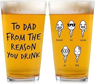 Fathers Day Dad Gifts from Daughter Son Kids,16 OZ Funny Beer Glass Gifts for Dad Men Husband Grandpa, Birthday Retirement Anniversary Christmas Stocking Stuffers, Custom Kids Name