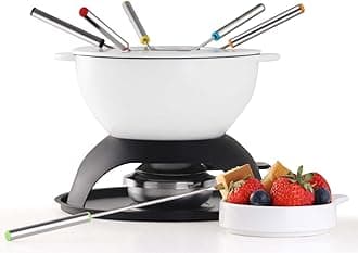 Artestia 11-Piece Cast Iron Fondue Set with Adjustable Burner 6 Colored Forks, 5-Cup White Cheese Fondue Pot for Chocolate, Meat, 4-6 Person