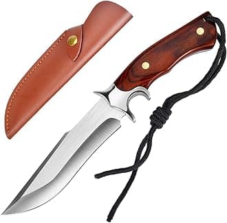 Astylway Outdoor Fixed Blade D2 Steel Knife with Wooden Handle - Red Brown Survival Knife with Leather Sheath for Men - Camping, Hiking, Adventure