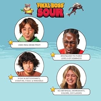 Final Boss Sour Candy Variety Pack, 18 Pack, All Sour Levels, Extreme Sour Fruit Chews with Real Dried Fruit, No Artificial Colors or Flavors, Low Calorie Snack for Kids, Teens & Adults