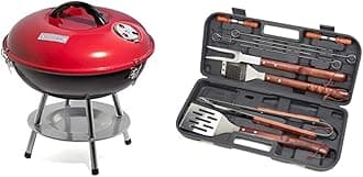 CCG190RB Inch BBQ, 14" x 14" x 15", Portable Charcoal Grill, 14" (Red) & CGS-W13 Wooden Handle Tool Set, Black (13-Piece)