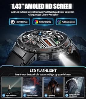 Military Smart Watches for Men with LED Flashlight(Answer/Make Calls) ,530mAh Large Battery,1.43’’ AMOLED,5ATM Waterproof Smartwatch for Android iOS,130+Sport Modes Heart Rate/Sleep Monitor Leather