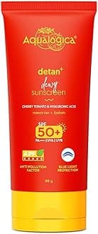 Detan+ Dewy Face Sunscreen with SPF 50+ & PA++++ | Blue Light Protection & No White Cast | Fights Sun Damage with Cherry Tomato & Hyaluronic Acid | 2.82 Oz/80g