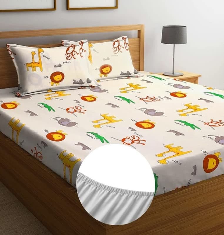 NEW LEAF Premium Cotton Elastic Fitted Bedsheets with 2 King Size Pillow Covers | Double Bed with All Around Elastic 180 TC Supersoft | Size - 72 King Sizex78+10 inches | Off White Animal Print