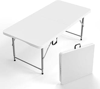 VINGLI 4 FT Plastic Folding Camping Table,3-Level Adjustable Height, Portable in/Outdoor Party Picnic Dining Desk, Garden Soccer Multipurpose Entertaining Activities，White