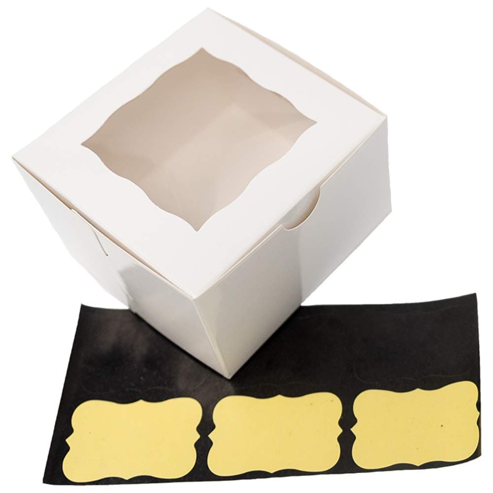 Small White Bakery/Pastry Boxes - 10 Pack 4x4x2.5" Gift Box for Weddings/Holidays/Party Favors/Birthdays/Desserts, Cookie Boxes with Window, Bonus Labels