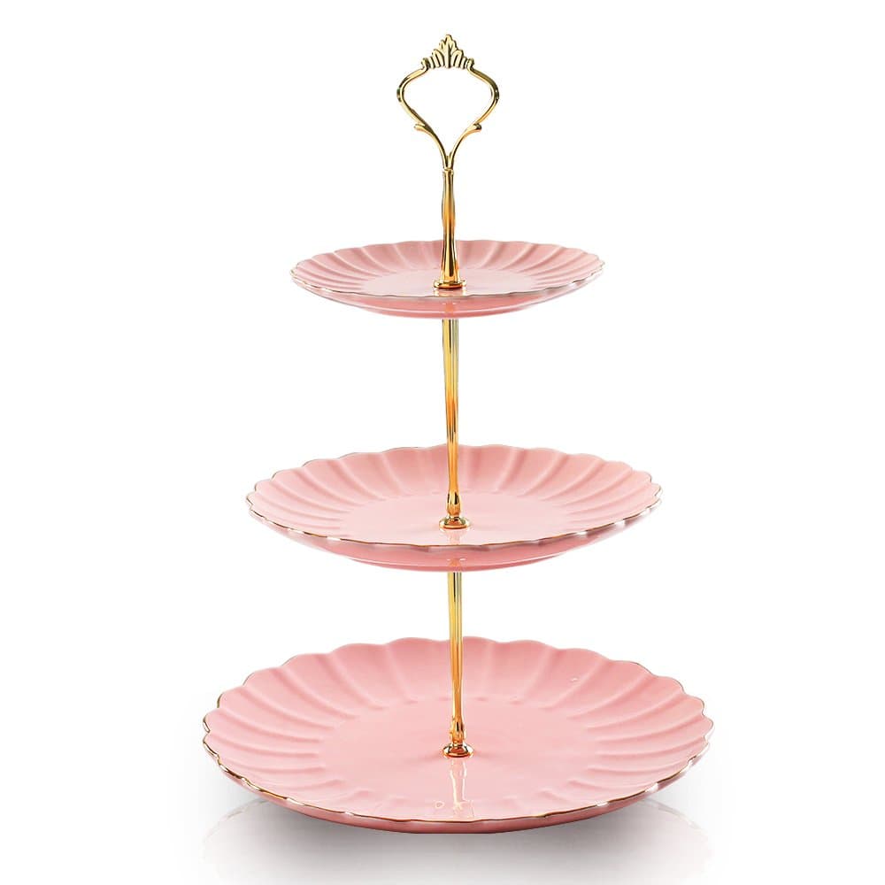 Sweejar 3 Tier Ceramic Cake Stand Wedding, Dessert Cupcake Stand for Tea Party Serving Platter (Pink)