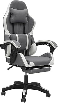 Light Grey & White Gaming Chair with Back Support, Footrest, Lumbar Support, Headrest & Adjustable Height Swivel Chair – Leather Ergonomic Chair for Home, Gaming Chair for Gaming