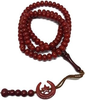 Al-Ameen Muslim Gift Islam Prayer Tasbih 99 Beads AMN-303 8 mm. Rosary Bead Moon Star Decorated Tassels Haj Eid Ramadan (Red)