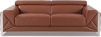 Gianni Top Grain Italian Leather Sofa with 9-Position Adjustable Headrests, Contemporary Geometric Pattern, Chrome Hardware & Durable Hardwood Frame, Camel