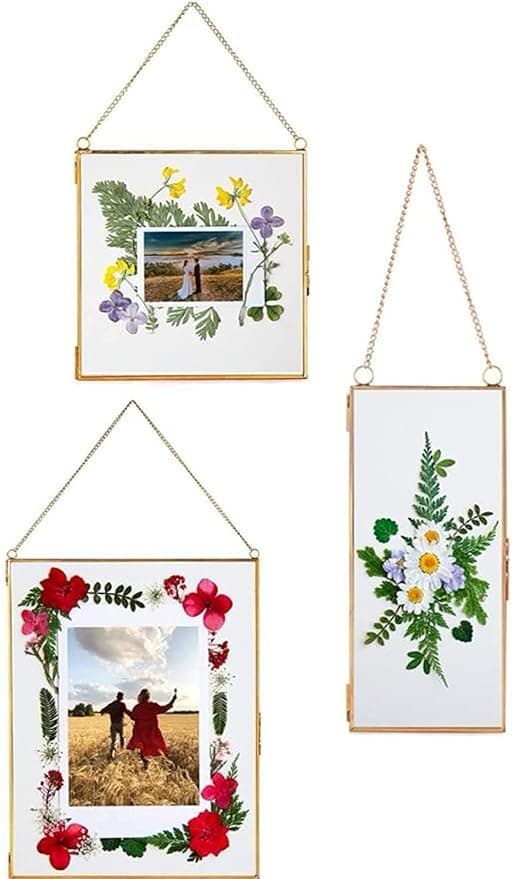 UNIQUE COPPER : Double Glass Frame for Pressed Flowers, Leaf and Artwork -Hanging Picture Frames,Floating Pressed Flower Frames, Square and Rectangular Wall Decor Photo Display.(Set of 3)
