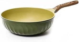 FOUR SEASONS Olive Green Wood Wok Pan 26cm, Suitable for induction & all stoves, Ultra Non-stick with added Durability, 100% Safe PFOA Free, Super Megastone Coating, Made in Korea