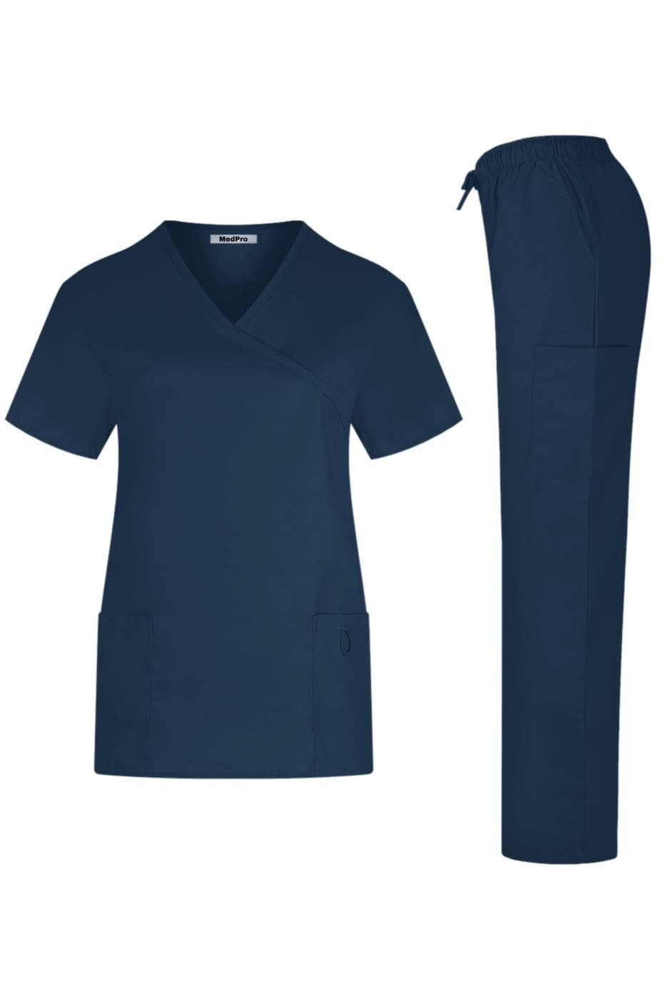 MedPro Women's Solid Medical Scrub Set Tie Back Wrap Top and Pants Black Teal L