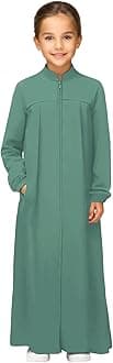 Girls Abaya Muslim Dress with Front Zipper 2 Pockets Dress Long Sleeve Solid Islamic Prayer Clothes for Kids