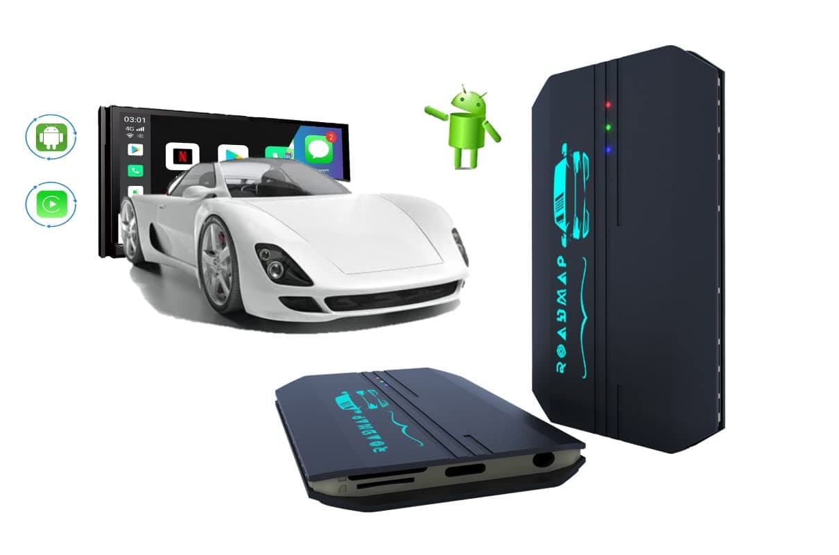 RoadMap Carplay AI Box - 4 in 1- Android 13, Wireless carplay/Android Auto, 4+64GB, Headphone Jack, Cars with OEM Wired CarPlay, YouTube, Netflix for Nissan Ford Mercedes Mazda Kia, 600+Cars