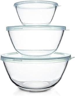 Luvan Glass Mixing Bowl Set with Lids (4.5QT, 2.7QT, 1.1QT), 3PC Modern Glass Nesting Bowls, Clear Salad Mixing Bowls for Kitchen, Storage, Cooking, Baking, Prepping, Dishwasher Safe