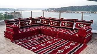 Oriental Floor Seating, Maroon Floor Sofa Seating Set, Corner Arabic Sofa, Floor Cushions, Arabic Furtiture, Arabic Majlis, Moroccan Jalsa (L Sofa + Rug)
