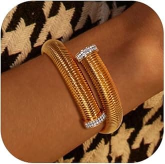 AwinesnGold Bangles for Women Chunky Stretch Bangles Bracelets Set 18K Gold Plated Stainless Steel Link Chain Bracelets Flexible Wide Wristband Bracelets Set of 3 Jewelry Gifts for Women