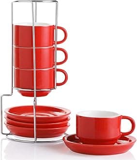 Porcelain Espresso Cups with Saucers, 4 Ounce Stackable Cappuccino Cups with Metal Stand for Coffee Drinks, Latte, Tea - Set of 4 (Red)
