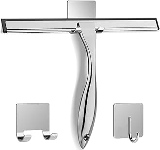 All-Purpose Stainless Steel Shower Squeegee for Glass Doors with 2 Adhesive Hooks, Streak Free Silicone Blade, Ergonomic Handle Squeegee for Shower Glass Door, Tile, Bathroom, 12 Inch, Silver