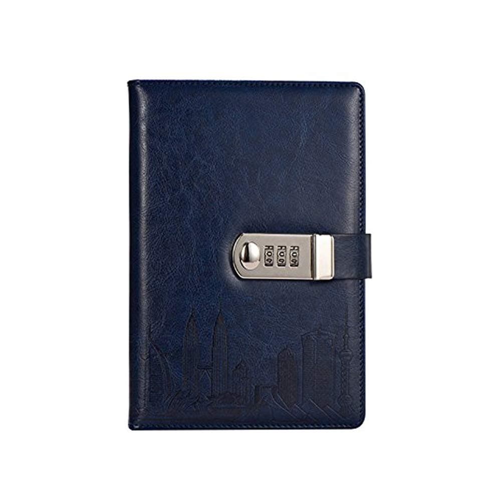 A5 Leather Password Notebook Journals Locking Diary Notebooks with Coded Hardback Gift Dark Blue