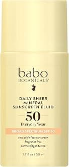 Babo Botanicals Daily Sheer Mineral Sunscreen Fluid SPF50 - Natural Zinc Oxide - Passion Fruit Oil - Fragrance Free - Ultra-Lightweight - For Face - For all ages