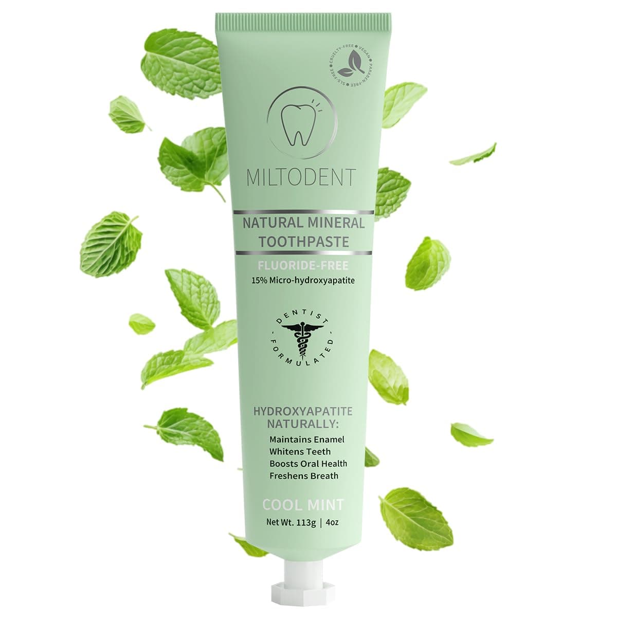 MILTODENT Premium Hydroxyapatite Toothpaste - 15% Micro-Hydroxyapatite, Fluoride-Free, SLS-Free, Mint Flavor, 4oz