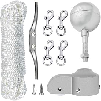 - Flagpole Hardware Repair Parts Kit,50 Feet Halyard Rope+3" Silver Ball+6" Zinc Alloy Cleat+4 Metal Swivel Snap Clips+Aluminum Alloy Flagpole Truck with Nylon Pulley for 1.6"-2" Flag Poles